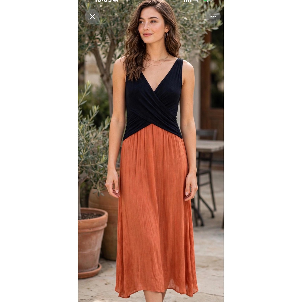 Anthropologie Amadi Lola Dress Navy Blue Rust Orange Colorblock Wrap Midi Size M